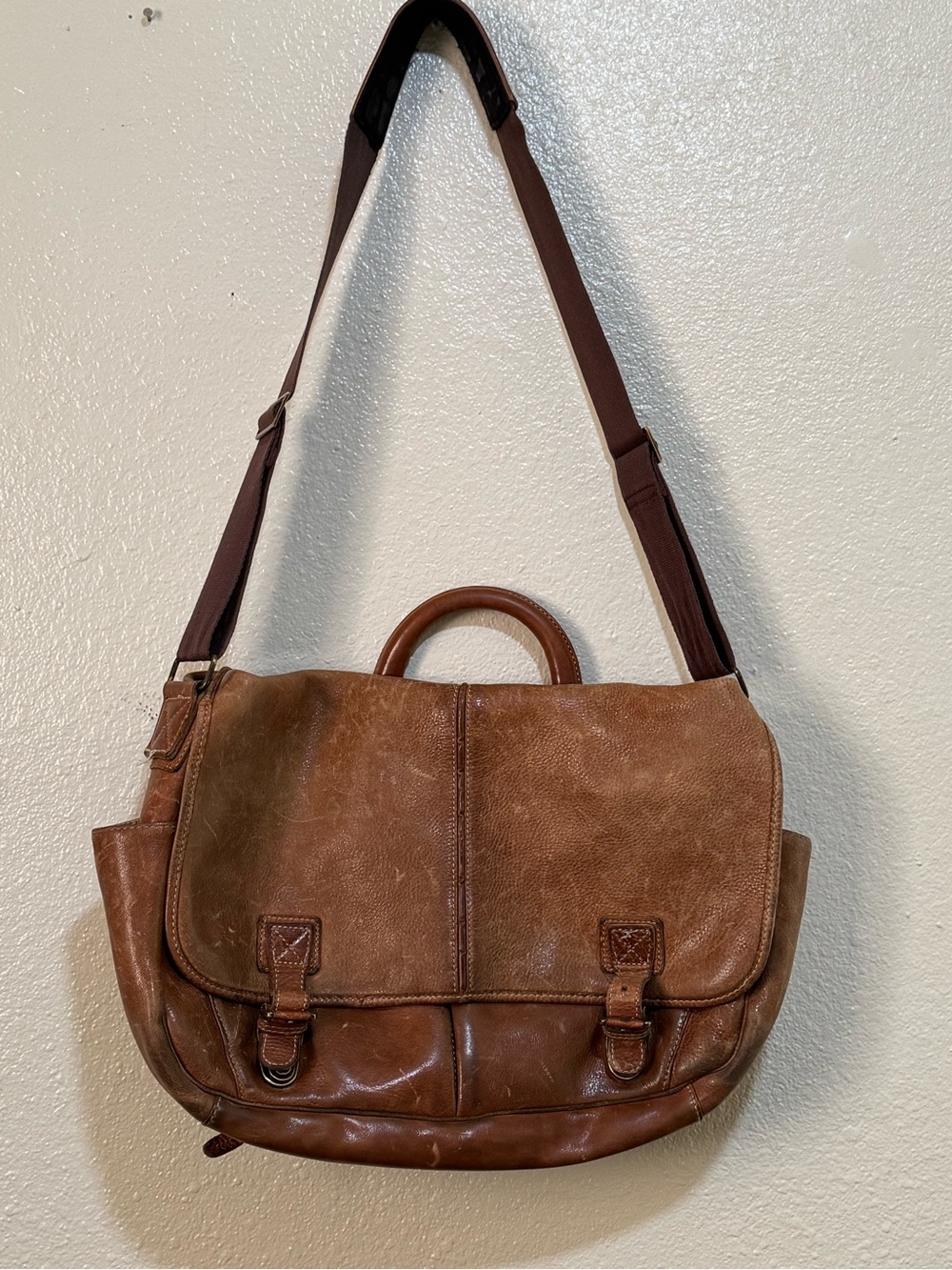 Vtg LL Bean Leather Laptop Messenger Briefcase Bag Tan Brown Expandable Preppy